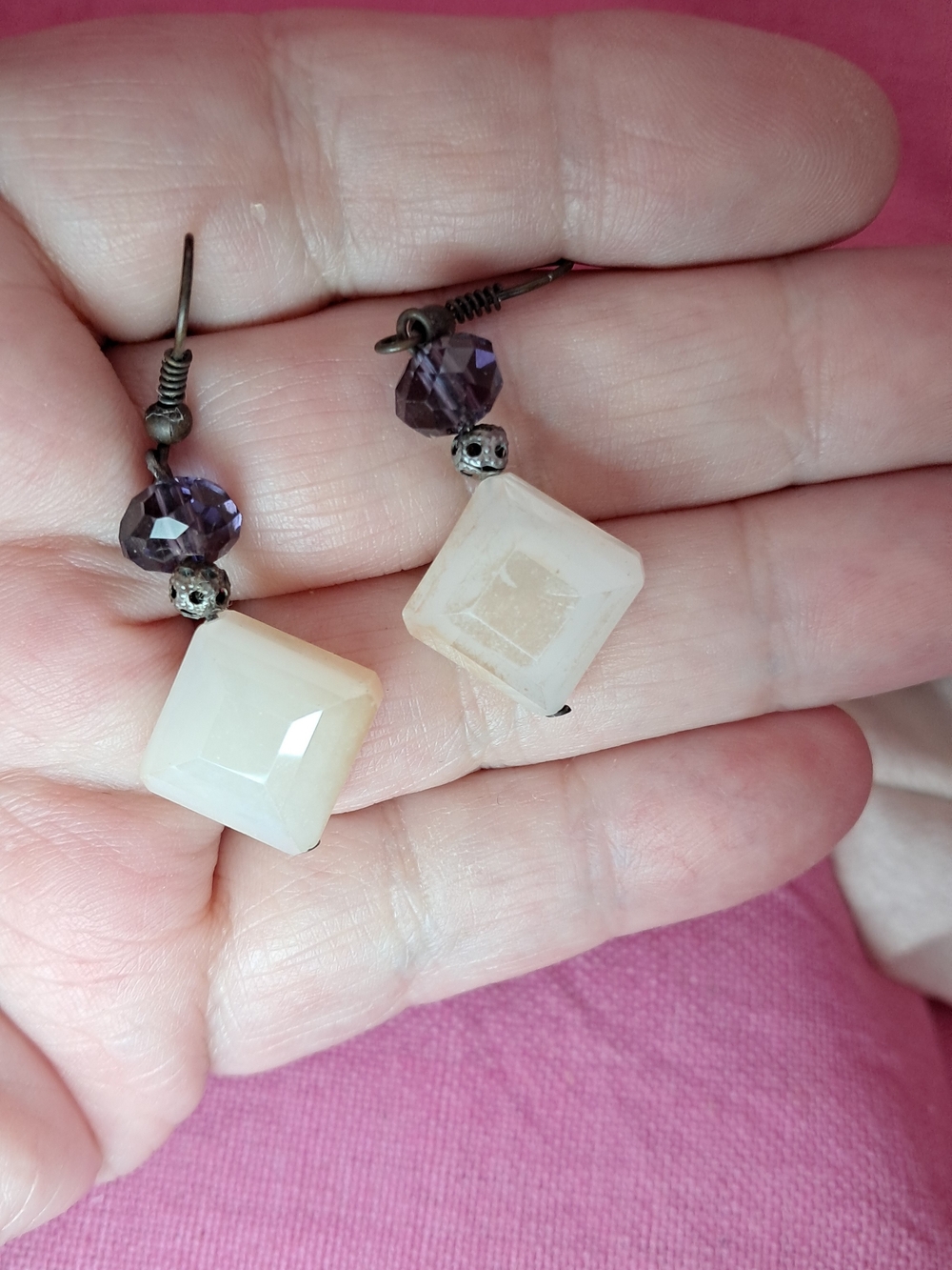 Artisan Purple & Cream Faceted Stone Dangle Drop Earrings (Gunmetal)